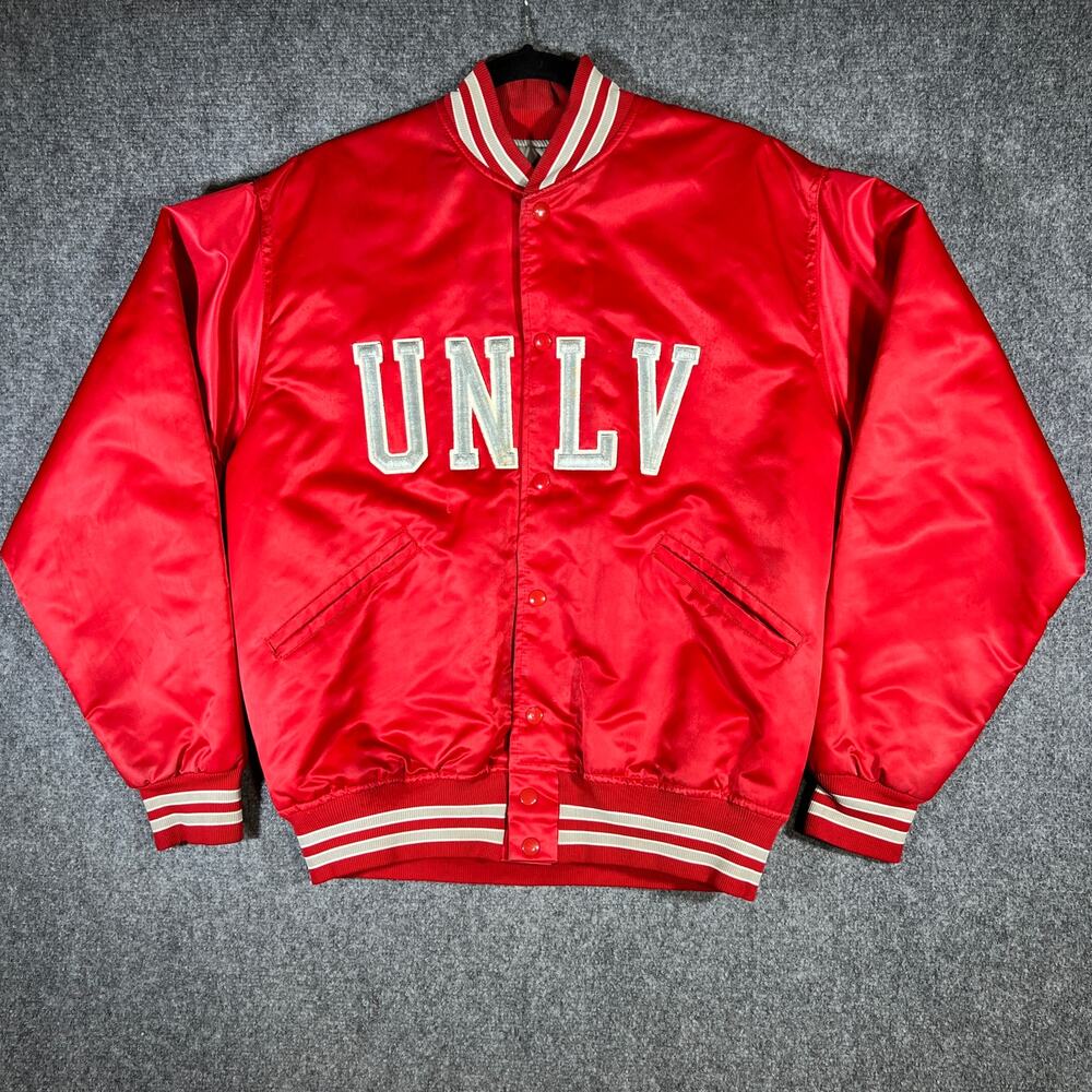 Vintage 90s UNLV Rebels Satin Jacket Red Snap Button Large NCAA